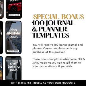 K&ouml;nnte beinhalten: Werbegrafik mit dem Text "SPECIAL BONUS 100 JOURNAL & PLANNER TEMPLATES." Das Bild zeigt Mockups von Telefonbildschirmen mit den W&ouml;rtern "dark esthetics pack", "rich lifestyle pack", "luxury holidays pack" und "gym training pack."