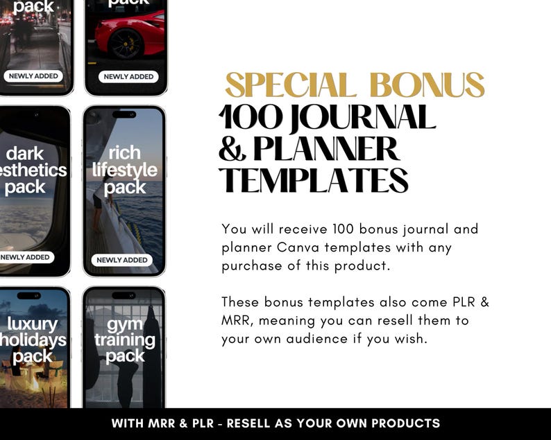 K&ouml;nnte beinhalten: Werbegrafik mit dem Text "SPECIAL BONUS 100 JOURNAL & PLANNER TEMPLATES." Das Bild zeigt Mockups von Telefonbildschirmen mit den W&ouml;rtern "dark esthetics pack", "rich lifestyle pack", "luxury holidays pack" und "gym training pack."