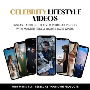 K&ouml;nnte beinhalten: Werbung f&uuml;r Promi-Lifestyle-Videos. Der Text lautet "CELEBRITY LIFESTYLE VIDEOS" und "SOFORTIGER ZUGRIFF AUF &Uuml;BER 13.000 4K-VIDEOS MIT MASTER-WIEDERVERKAUFSRECHTEN (MRR & PLR)." Mehrere Smartphones zeigen verschiedene Bilder. Der Text unten lautet "MIT MRR & PLR - WEITERVERKAUFEN ALS IHRE EIGENEN PRODUKTE."