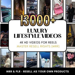 K&ouml;nnte beinhalten: Werbebild f&uuml;r Luxus-Lifestyle-Videos. Der zentrale Text lautet "13000+ LUXURY LIFESTYLE VIDEOS" mit dem Slogan "4K HD VIDEOS FOR REELS MASTER RESELL RIGHTS (MRR)". Das Bild zeigt verschiedene Lifestyle-Szenen.