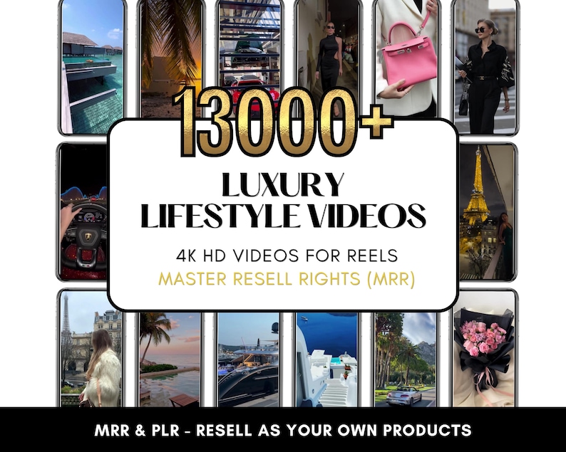 K&ouml;nnte beinhalten: Werbebild f&uuml;r Luxus-Lifestyle-Videos. Der zentrale Text lautet "13000+ LUXURY LIFESTYLE VIDEOS" mit dem Slogan "4K HD VIDEOS FOR REELS MASTER RESELL RIGHTS (MRR)". Das Bild zeigt verschiedene Lifestyle-Szenen.