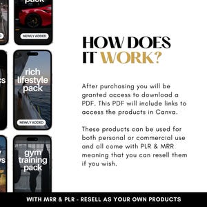 K&ouml;nnte beinhalten: Werbung f&uuml;r digitale Produkte mit sechs Smartphone-Mockups, die Lifestyle-Pakete zeigen. Das Bild enth&auml;lt den Text &bdquo;WIE FUNKTIONIERT ES?&ldquo; und Informationen zum Zugriff auf Produkte in Canva mit PLR- und MRR-Wiederverkaufsrechten.