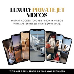 K&ouml;nnte beinhalten: Werbung mit sechs Smartphones, die Luxus-Privatjet-Videos zeigen. Der Text lautet &bdquo;LUXURY PRIVATE JET VIDEOS&ldquo; und &bdquo;INSTANT ACCESS TO OVER 13,000 4K VIDEOS WITH MASTER RESELL RIGHTS (MRR & PLR).&ldquo; Der Text unten lautet &bdquo;WITH MRR & PLR - RESELL AS YOUR OWN PRODUCTS.&ldquo;