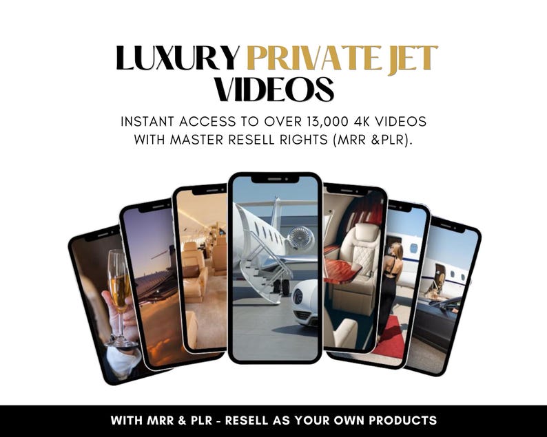 K&ouml;nnte beinhalten: Werbung mit sechs Smartphones, die Luxus-Privatjet-Videos zeigen. Der Text lautet &bdquo;LUXURY PRIVATE JET VIDEOS&ldquo; und &bdquo;INSTANT ACCESS TO OVER 13,000 4K VIDEOS WITH MASTER RESELL RIGHTS (MRR & PLR).&ldquo; Der Text unten lautet &bdquo;WITH MRR & PLR - RESELL AS YOUR OWN PRODUCTS.&ldquo;