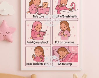Pink Islamic Bedtime Routine Chart for Kids (Digital Download)