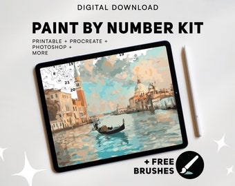 May include: Digital download paint by number kit featuring a colorful image of a canal scene with buildings and a gondola. The kit includes printable files for Procreate, Photoshop, and more. Free brushes are also included.