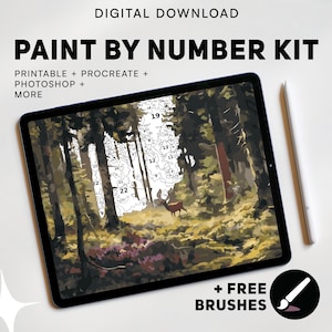May include: Digital download paint by number kit featuring a forest scene with a deer. Includes printable, Procreate, Photoshop, and more. Plus free brushes.