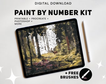 Könnte beinhalten: Digitaler Download-Malen-nach-Zahlen-Set mit einer Waldszene mit einem Reh. Enthält druckbare Versionen, Procreate, Photoshop und mehr. Plus kostenlose Pinsel.