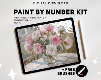 Paint by Number Kit Digital Download Printable Set Photoshop Procreate Template, Brushes & Color Palette Roses Painting Gift for Adult PBN
