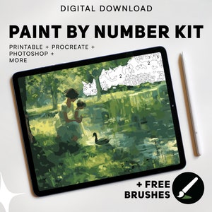 ペイントバイナンバーキット デジタルダウンロード 印刷可能なセット Photoshop Procreate テンプレートとカラーパレット 母と子の絵画 大人へのギフト