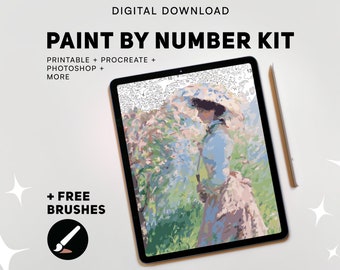 May include: Digital download of a paint by number kit featuring a woman with an umbrella standing in a field of flowers. The kit includes printable, Procreate, Photoshop, and more formats. Free brushes are also included.