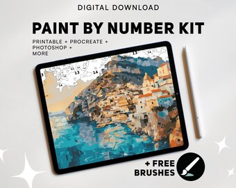 Digital Paint by Number Kit Printable Art Set Photoshop Procreate Template, Brush & Color Palettes Amalfi Coast in Italy Painting for Adult