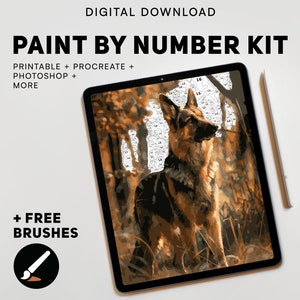 May include: Digital download paint by number kit featuring a German Shepherd dog standing in a forest. The kit includes printable, Procreate, Photoshop, and more. Free brushes are also included.