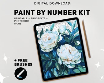 May include: Digital download paint by number kit featuring a white flower bouquet on a blue background. The kit includes printable, Procreate, Photoshop, and more. Free brushes are also included.