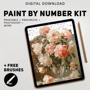 以下が含まれることがあります： デジタルダウンロードの塗り絵キット。ピンクと白の牡丹の花束がガラスの花瓶に入っています。キットには、印刷可能なもの、Procreate、Photoshopなどが含まれています。無料のブラシも含まれています。
