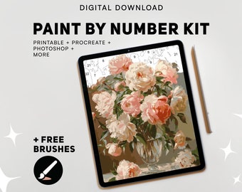 May include: Digital download paint by number kit featuring a bouquet of pink and white peonies in a glass vase. The kit includes printable, Procreate, Photoshop, and more. Free brushes are also included.