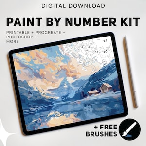 May include: Digital download paint by number kit featuring a mountain lake landscape with a cabin. The kit includes printable, Procreate, Photoshop, and more. It also includes free brushes.