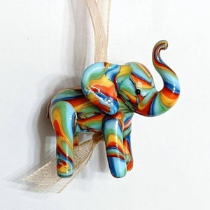 Rainbow Swirl Glass Elephant Christmas Ornament, Small, handmade blown glass holiday ornament decoration, tree ornament, glass ornament.
