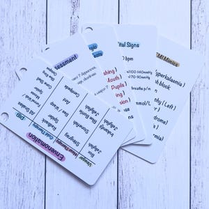 Puede incluir: Un conjunto de tarjetas blancas con texto de colores y notas escritas a mano. Las tarjetas están etiquetadas con términos médicos como "Envenenamiento", "Evaluación", "Signos vitales" y "MI Mimics".