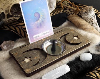 Tarot Card Stand, Oracle Card of the Day, Occult Decor, Occult Incense and Stone Altar, Witchy Gift, Tarot Stand, Grey Stain
