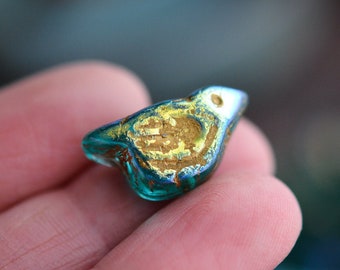 2 Morning Song - Turquoise with An AB Finish And A Gold Wash, Premium Czech Glass, Bird Beads 11x22mm