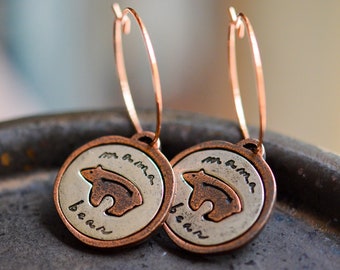 Mumma Bear Hoop Earrings - Vintaj, Antique Copper, Antique Plated Pewter, Mama Bear Charm