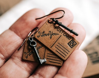 Key To My Heart Earrings - Vintaj Nickel And Lead Free, Pure Brass, I Love You Postcards And Keys