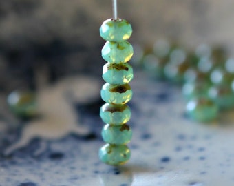 15 Morning Mist - Semi-Opaque Tea Green, Picasso, Premium Czech Glass, Rondelle Beads 5x7mm