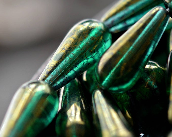 4 Merry + Bright - Premium Czech Glass, Emerald Green, Metallic Gold Luster, Dangle Drop Beads 20x9mm