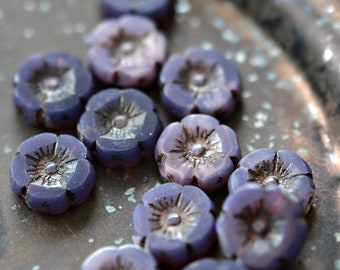 6 Purple Whispers - Premium Czech Glass, Opalite, Milky Lavender, Brown Picasso Finish, Hawaiian Daisy Flower Beads 12mm