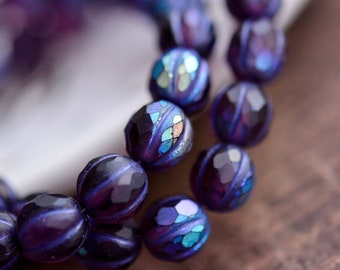 10 Magic Spell - Purple With Matte AB Finishes And Purple Wash, Premium Czech Glass, Faceted Melon Round Beads 8mm