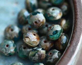 10 Moss Garden - Premium Czech Glass, Transparent Pacific Blue, Sea Green, Opaque Beige, Picasso Finish, Rondelle Beads 6x8mm