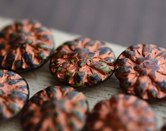 6 Dried Flowers - Crimson, Yellow, Picasso Finish, Copper Wash, Premium Czech Glass, Dahlia Flower Beads 14mm.