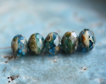 10 Moss Garden - Transparent Pacific Blue, Sea Green, Opaque Beige, Picasso Finish, Premium Czech Glass, Rondelle Beads 6x8mm