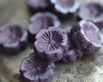 6 Little Blackberry - Opaque Violet, Etched Purple Wash, Premium Czech Glass, Hibiscus Flower Beads 14mm