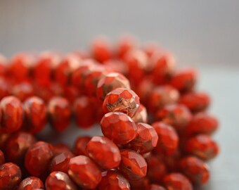 10 Burning Sun - Ladybug Red, Metallic Bronze Finish, Premium Czech Glass, Rondelle Beads 6x8mm