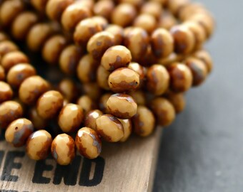 Caramel Glaze - Premium Czech Glass Beads, Opaque Caramel, Beige, Picasso Finish, Firepolish, Facet Rondelles 7x5mm - Pc 15