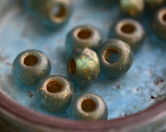 NEW! 6 Tranquil Waters - Premium Czech Glass, Green, Blue, Gold Wash + Lining, Large Hole Roller Beads 8x12mm.