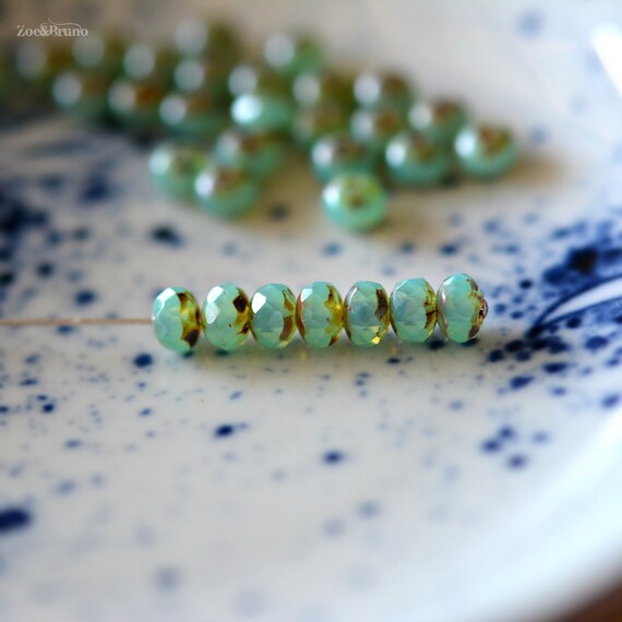 Rondelle Beads Semi-Opaque Tea Green Picasso Czech Glass 30 Morning Mist