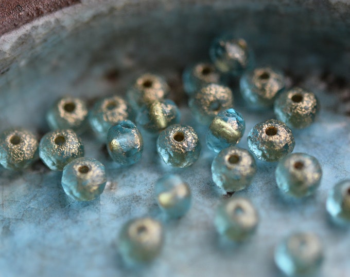 30 Water Lilies - Premium Czech Glass, Baby Blue, Etched, Metallic Gold Wash, Rondelle Beads 3x5mm.