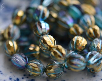 6 Ocean Shimmers - Transparent Glass With A Gold Luster And A Turquoise Finish, Premium Czech Glass, Faceted Melon Beads 10mm