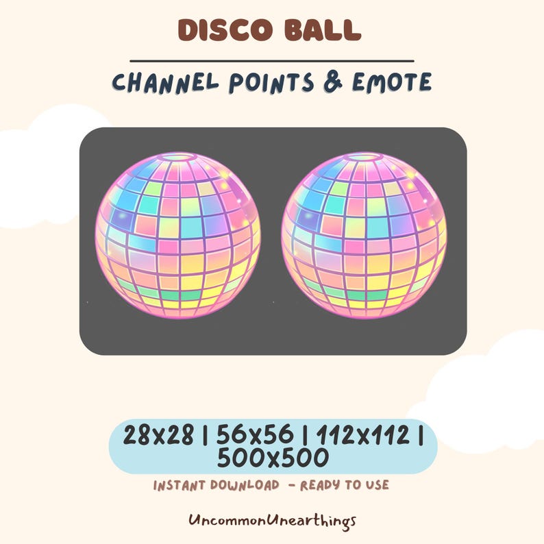 Preview of the disco ball emote displayed on a dark black background. The bright reflections and colorful mosaic tiles of the mirror ball pop clearly against the darkness, ensuring high visibility for Discord Dark Mode and Twitch chat.