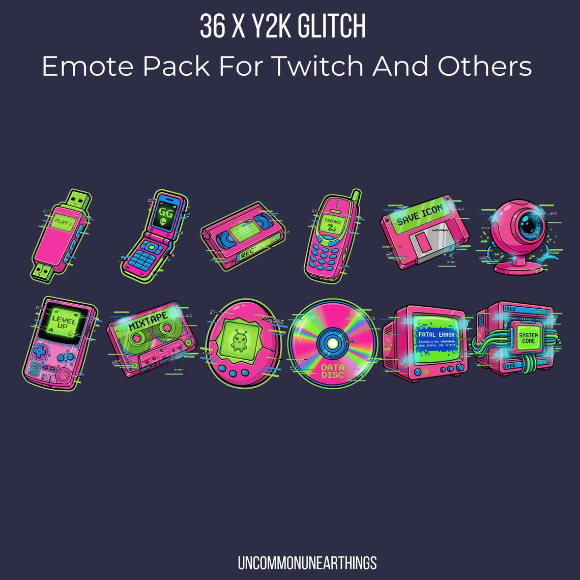 y2k-glitch-emotes-and-sub-badges-x36-retro-neon-pack-twitch-discord