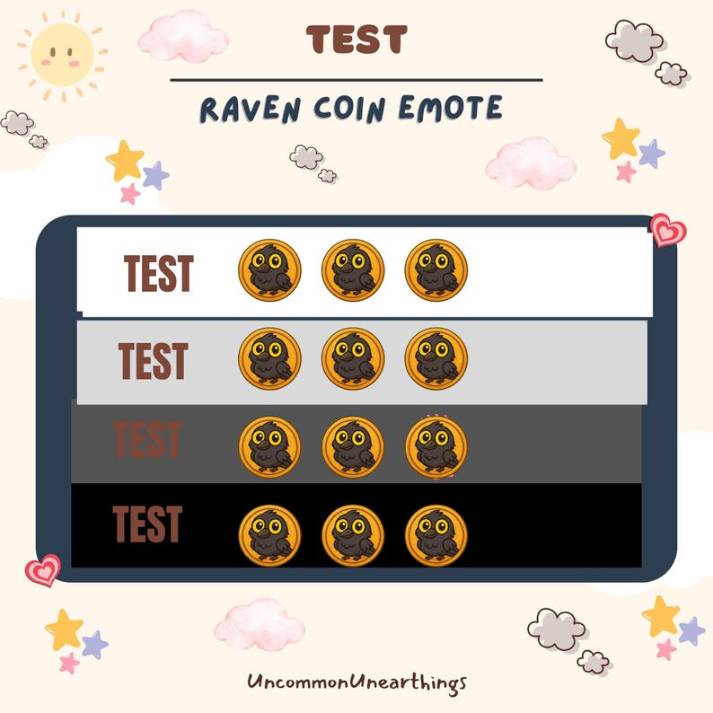 May include: A digital screen display with the text "TEST" repeated four times. Each row of text is accompanied by three cartoon raven coin emotes. The emotes are black with yellow eyes and are set against a white, gray, and black background.