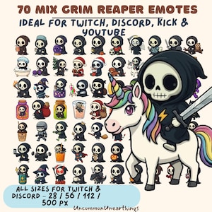 May include: A collection of 70 Grim Reaper emotes in various poses and styles, including a Grim Reaper riding a unicorn. The text reads "70 MIX GRIM REAPER EMOTES IDEAL FOR TWITCH, DISCORD, KICK & YOUTUBE". The image also includes text about sizes for Twitch and Discord.