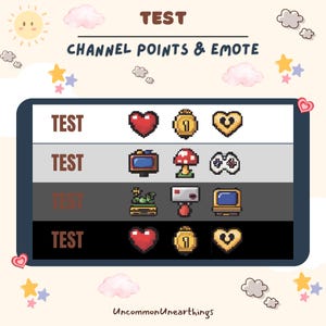May include: A digital display with the text "TEST" and the words "CHANNEL POINTS & EMOTE". The display shows four rows of pixelated images, including a heart, a coin, a heart with a smile, a television, a mushroom, a video game controller, a tank, a video game console, a computer monitor, a heart, a coin, and a heart with a smile.