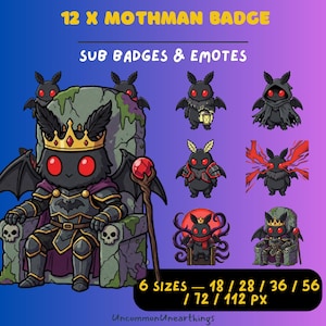 May include: A collection of 12 Mothman badges and emotes in various poses and outfits. The badges feature a black Mothman character with red eyes, some wearing armor, crowns, or holding items. Text includes "12 X MOTHMAN BADGE" and "SUB BADGES & EMOTES".