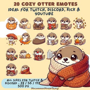 Puede incluir: Colección de 20 emotes de nutria acogedoras en varias poses, incluyendo una con una calabaza, una taza de café y una bufanda. El texto dice "20 COZY OTTER EMOTES" y "ALL SIZES FOR TWITCH & DISCORD - 28 / 56 / 112 / 500 PX".
