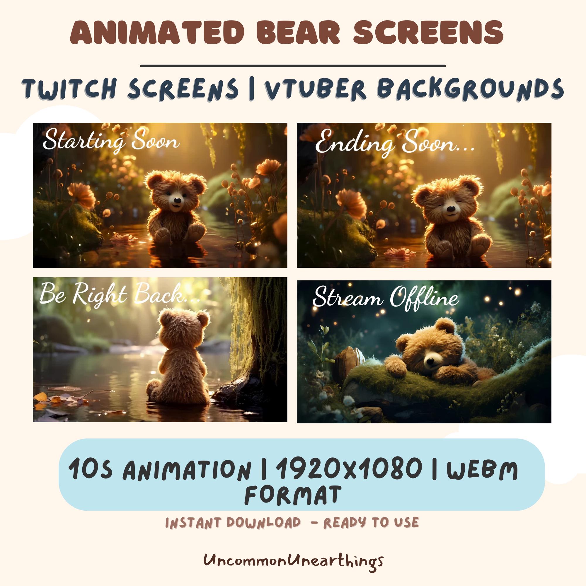 Animated Bear Twitch Screens: VTuber Streaming Pack (WEBM)