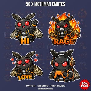 May include: A pack of 50 Mothman emotes with various expressions, including "Hi," "Rage," and "Love." The emotes feature a cartoon moth character with black and yellow coloring, red eyes, and a jacket. The text "Twitch, Discord, Kick Ready" is also included.